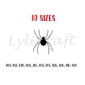 Puede incluir: Silueta negra de una araña con ocho patas. La imagen incluye el texto "10 SIZES" y "VP3, DST, EXP, HUS, JEF, PCS, PES, SEW, SHV, VIP, XXX".