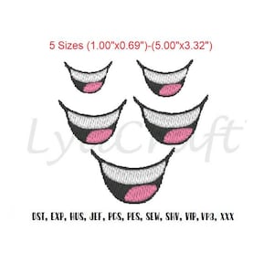 May include: An embroidery design featuring five stylized open mouths with white teeth and pink tongues arranged in a cluster. The text 5 Sizes (1.00"x0.69")-(5.00"x3.32") and DST, EXP, HUS, JEF, PCS, PES, SEW, SHV, VIP, VP3, XXX are visible.