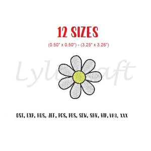 May include: A white daisy embroidery design with a yellow center. The design is available in 12 sizes, ranging from 0.50 inches to 3.25 inches. The design is available in the following formats: DST, EXP, HUS, JEF, PCS, PES, SEW, SHV, VIP, VP3, and XXX.