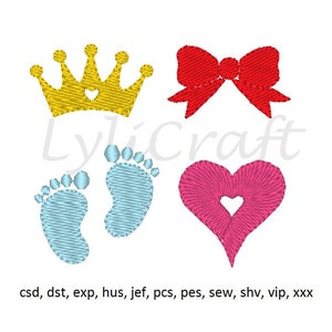 Mini Crown Embroidery Design, Small Bow Machine Embroidery Designs, Mini Baby Feet Embroidery, Small Heart Embroidery, Baby Embroidery Set