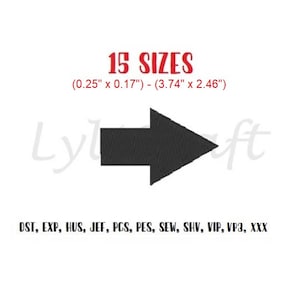 May include: Black arrow pointing to the right. 15 sizes available, ranging from 0.25 inches by 0.17 inches to 3.74 inches by 2.46 inches. File formats include DST, EXP, HUS, JEF, PCS, PES, SEW, SHV, VIP, VP3, and XXX.