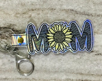 MOM Snap Tab Embroidery Design, MOM Sunflower In The Hoop ITH Machine Embroidery Design, Keychain Keyring Embroidery, Sketch Stitch