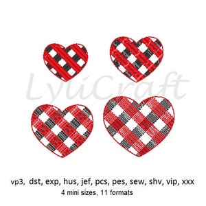 May include: Four embroidered heart designs in red, black, and white plaid patterns. The hearts vary in size and are arranged on a white background. The text "LyliCraft" is visible. Below the hearts are file format details.