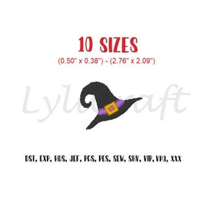 May include: A black witch hat with a purple band and a gold buckle. The hat is available in 10 sizes, ranging from 0.50 inches by 0.38 inches to 2.76 inches by 2.09 inches. The image includes the text "10 SIZES" and "(0.50" x 0.38") - (2.76" x 2.09")".