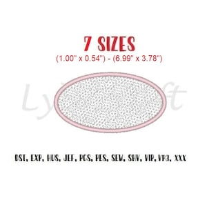 Puede incluir: Un diseño ovalado con un relleno blanco texturizado y un borde rosa claro. El texto "7 SIZES" está en rojo encima del óvalo, con dimensiones en pulgadas. Debajo, abreviaturas de formatos de archivo.