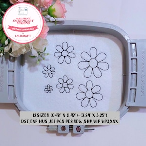 May include: An embroidery hoop holds a white fabric with several daisy outlines. The design is labeled "Machine Embroidery Designs" and "Instant Download by LYLICRAFT." The text below indicates 12 sizes, ranging from 0.48" x 0.49" to 3.24" x 3.25".