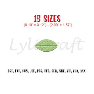 Könnte beinhalten: Ein grünes Blatt-Stickmuster in 15 Größen, von 0,19 Zoll mal 0,12 Zoll bis 2,99 Zoll mal 1,57 Zoll. Das Design ist in den Formaten DST, EXP, HUS, JEF, PCS, PES, SEW, SHV, VIP, VP3 und XXX verfügbar.