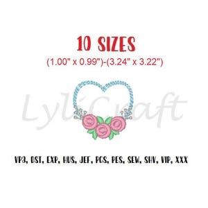 May include: An embroidery design featuring a heart-shaped wreath made of light blue braided patterns, accented with three pink roses and green leaves at the base. Text includes 10 SIZES, (1.00" x 0.99")-(3.24" x 3.22"), LyliCraft, and file formats VP3, DST, EXP, HUS, JEF, PCS, PES, SEW, SHV, VIP, XXX.