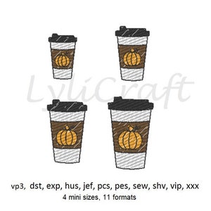 Mini Coffee Embroidery Design Sketch Stitch , Small Coffee Machine Embroidery Designs, Pumpkin Spice Coffee, Fall Autumn Embroidery Design