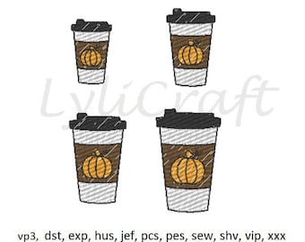 Mini Coffee Embroidery Design Sketch Stitch , Small Coffee Machine Embroidery Designs, Pumpkin Spice Coffee, Fall Autumn Embroidery Design