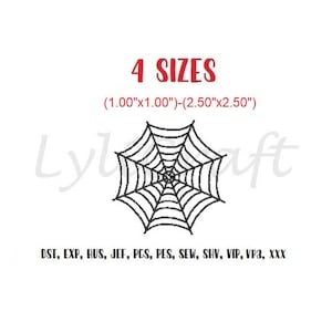 May include: A black spider web embroidery design featuring the text 4 SIZES and (1.00"x1.00")-(2.50"x2.50"). Below the web, the text reads DST, EXP, HUS, JEF, PCS, PES, SEW, SHV, VIP, VP3, XXX. The design is presented on a plain white background.