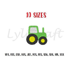 May include: Green tractor embroidery design with black wheels and yellow centers. The design is available in 10 sizes and in the following formats: VP3, DST, EXP, HUS, JEF, PCS, PES, SEW, SHV, VIP, XXX.