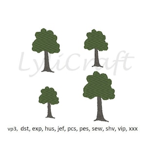 May include: Four green trees with brown trunks on a white background.