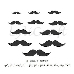 May include: Eleven different sizes of black mustache embroidery designs in eleven different formats: vp3, dst, exp, hus, jef, pcs, pes, sew, shv, vip, xxx.