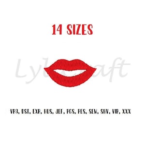 Puede incluir: Diseño de bordado de labios rojos en 14 tamaños. Disponible en formatos VP3, DST, EXP, HUS, JEF, PCS, PES, SEW, SHV, VIP y XXX.