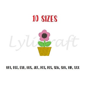May include: A pink flower with a black center in a yellow pot. The image includes the text "10 SIZES" and "VP3, DST, EXP, HUS, JEF, PCS, PES, SEW, SHV, VIP, XXX".