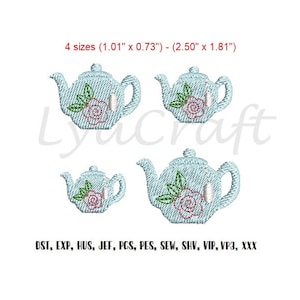 May include: Four embroidery designs of blue teapots with a pink rose and green leaves. The designs are available in four sizes, ranging from 1.01 inches by 0.73 inches to 2.50 inches by 1.81 inches. The file formats included are DST, EXP, HUS, JEF, PCS, PES, SEW, SHV, VIP, VP3, and XXX.
