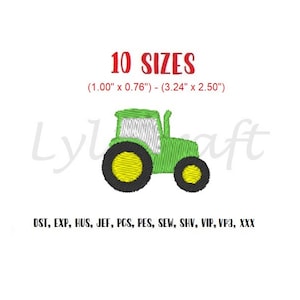 May include: Green tractor embroidery design in 10 sizes, ranging from 1.00 inches by 0.76 inches to 3.24 inches by 2.50 inches.  The design is available in DST, EXP, HUS, JEF, PCS, PES, SEW, SHV, VIP, VP3, and XXX formats.