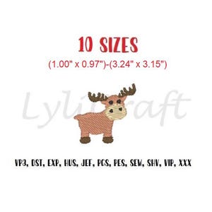 May include: An embroidery design of a brown moose with dark brown antlers and hooves. The text reads 10 SIZES (1.00" x 0.97")-(3.24" x 3.15") and lists file formats VP3, DST, EXP, HUS, JEF, PCS, PES, SEW, SHV, VIP, and XXX.