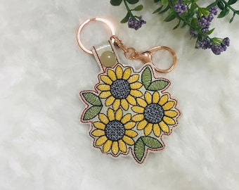 Sunflower Snap Tab In The Hoop ITH Machine Embroidery Designs, Keychain Keyholder Embroidery, Sketch Stitch Embroidery, Flower Embroidery