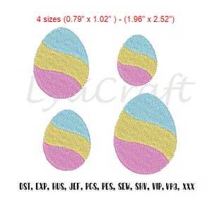 May include: Four embroidered Easter egg designs in various sizes. Each egg features a pastel color scheme with sections of light blue, yellow, and pink. The sizes range from approximately 0.79" x 1.02" to 1.96" x 2.52".