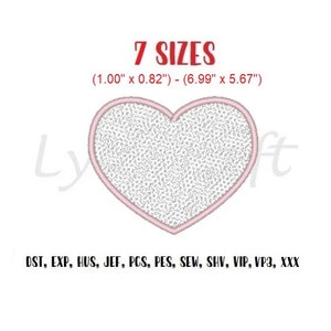 May include: A pink heart-shaped embroidery design with a white speckled pattern. The design is available in 7 sizes, ranging from 1.00 inches by 0.82 inches to 6.99 inches by 5.67 inches. The design is available in the following formats: DST, EXP, HUS, JEF, PCS, PES, SEW, SHV, VIP, VP3, XXX.