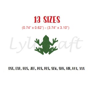Könnte beinhalten: Stickmuster einer grünen Frosch in 13 Größen, von 1,88 cm x 1,57 cm bis 9,5 cm x 7,87 cm. Das Design ist in folgenden Formaten verfügbar: DST, EXP, HUS, JEF, PCS, PES, SEW, SHV, VIP, VP3 und XXX.