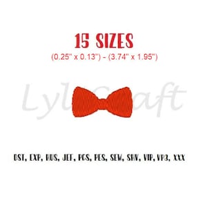 May include: Red bow tie embroidery design in 15 sizes, ranging from 0.25 inches by 0.13 inches to 3.74 inches by 1.95 inches. The design is available in the following formats: DST, EXP, HUS, JEF, PCS, PES, SEW, SHV, VIP, VP3, and XXX.