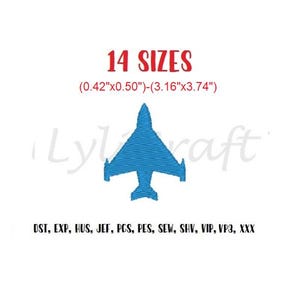 May include: A blue embroidered airplane design with the text 14 SIZES (0.42"x0.50")-(3.16"x3.74") and a list of file formats including DST, EXP, HUS, JEF, PCS, PES, SEW, SHV, VIP, VP3, and XXX for machine embroidery projects.