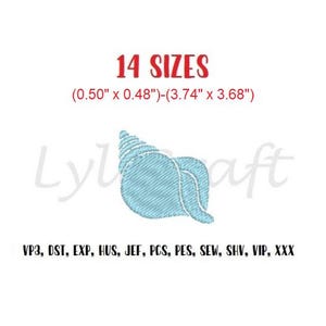 May include: A light blue machine embroidery design of a seashell. The text reads 14 SIZES (0.50" x 0.48")-(3.74" x 3.68") and lists file formats VP3, DST, EXP, HUS, JEF, PCS, PES, SEW, SHV, VIP, XXX with the brand name LylCraft.