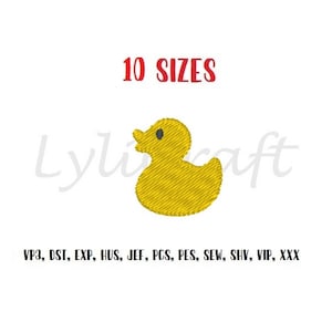 May include: A yellow rubber ducky embroidery design in 10 sizes. The design is available in VP3, DST, EXP, HUS, JEF, PCS, PES, SEW, SHV, VIP, and XXX formats.