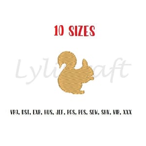 May include: A digital embroidery design of a brown squirrel in 10 different sizes. The design is available in the following formats: VP3, DST, EXP, HUS, JEF, PCS, PES, SEW, SHV, VIP, XXX.