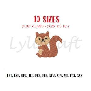 May include: Embroidered design of a brown squirrel with a bushy tail. The design is available in 10 sizes, ranging from 1.02 inches by 0.99 inches to 3.26 inches by 3.18 inches. The file formats included are DST, EXP, HUS, JEF, PCS, PES, SEW, SHV, VIP, VP3, and XXX.