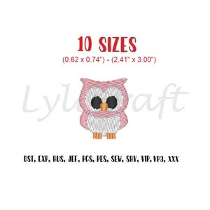 以下が含まれることがあります： ピンクのフクロウの刺繍デザインは、10サイズ展開で、1.6cm×1.9cmから6.1cm×7.6cmまであります。デザインは、DST、EXP、HUS、JEF、PCS、PES、SEW、SHV、VIP、VP3、XXXのフォーマットでご利用いただけます。