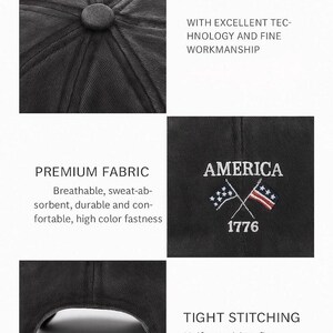 Peut inclure: Casquette de baseball noire avec "AMERICA" brod&eacute; sur le devant, avec des drapeaux crois&eacute;s et l'ann&eacute;e "1776". La casquette pr&eacute;sente des coutures serr&eacute;es et est fabriqu&eacute;e en tissu de qualit&eacute; sup&eacute;rieure. Respirant, absorbant la transpiration, durable et confortable.