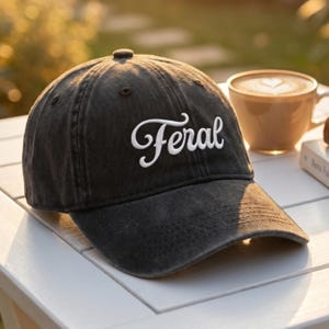 Embroidered Washed Cotton Cap: "Feral" Script Design
