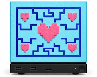 Placa frontal para máquina recreativa de vapor con forma de corazón pixelado en tonos pastel - Cubierta magnética para juegos en rosa y azul