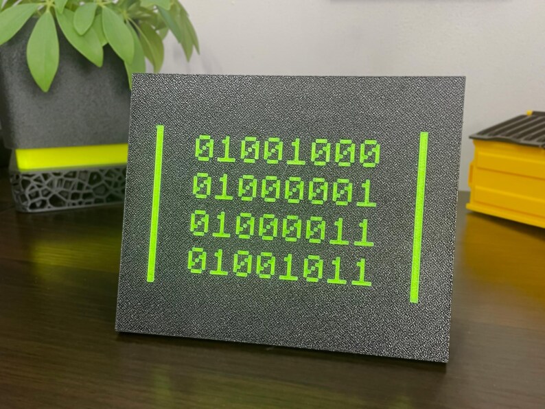 HACK binary plaque displayed upright beside a plant on a gaming desk.