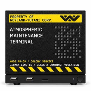 May include: A black rectangular electronic device labeled Property of Weyland-Yutani Corp. Atmospheric Maintenance Terminal. It features yellow hazard stripes, the text Node AP-09 / Colony Service, and a warning about contract violations.