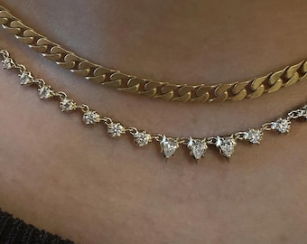 Birne & Runde Labor gewachsene Diamant Halskette, 14K Solid Gold Station Halskette, Minimalistische Schichtung Halskette, CVD Diamant Tennis Halskette