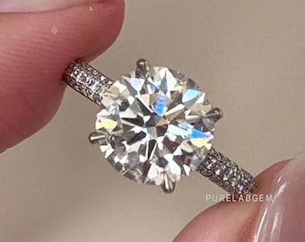 Round Cut Lab Grown Diamond Hidden Halo Accent Ring, Pave Set Solitaire Diamond Wedding Ring, 14K Solid Gold Engagement Ring For Women