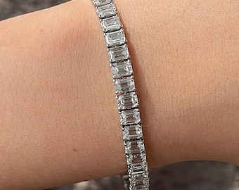 Emerald Cut Lab Grown Diamond Tennis Bracelet, IGI Certified Diamond Stackable Bracelet, 14K Solid Gold Diamond Bracelet For Wedding Gift
