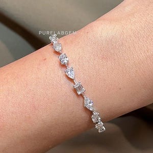 Bracciale con diamanti sintetici di forme miste, bracciale tennis in oro 14 carati, bracciale con diamanti di forme diverse, gioielli da sposa