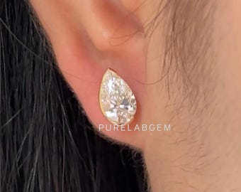Pear Cut Lab Diamant Minimalist Ohrstecker, Lünette Bogen Ohrringe, Tear Drop Ohrstecker, Solitaire Alltag Ohrringe für Frauen, 14K Gelbgold