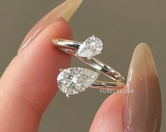 Pear Cut Labor gewachsener Diamant Diamant-Bypass-Ring, 14 k echtes Gold Verlobungsring, Zwei-Stein-Ehering, offener Manschettenring, Versprechensring für sie