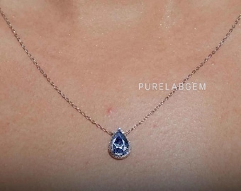 Pear Cut Blue Lab Zuchtdiamant Anhänger Halskette, 14K Solid Gold Solitaire Anhänger, Teardrop Halskette, IGI Zertifizierter Diamant