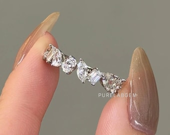 Gemischte Form Labradorit Diamant 14k Weißgold Ehering EF-VS Klarheit Multi Diamant Stapelring, 14k Weißgold Ehering, passende Band