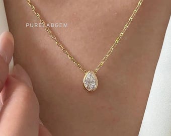 Pear Cut Lab Diamant Lünette Set Halskette, 14K Solid Gold Solitaire Hochzeitshalskette, Alltags Diamant Halskette, Teardrop Diamant Anhänger