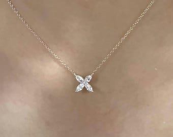 Marquise Cut Lab Grown Diamond Pendant Necklace, 14K Solid Gold Wedding Necklace, Flower Design Pendant, Anniversary Gift