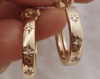 Labor gewachsene Diamant Hoop Ohrringe, 14K Solid Gold Braut Ohrringe, Star Huggies Hoop, Starburst Ohrringe, himmlischen Schmuck Geschenk für Sie